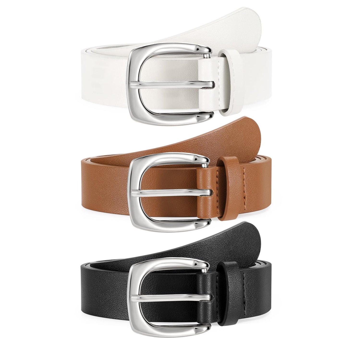 LEACOOLKEY 3 Pack Womens Fashion Belts for Jeans Pants Ladies Casual Leather Waist Belts with Silver Buckle
