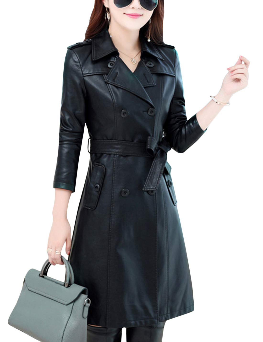Tanming Womens Fashion Lapel Double Breasted Lambskin Leather Mid Long Jacket Coat (Black Medium)