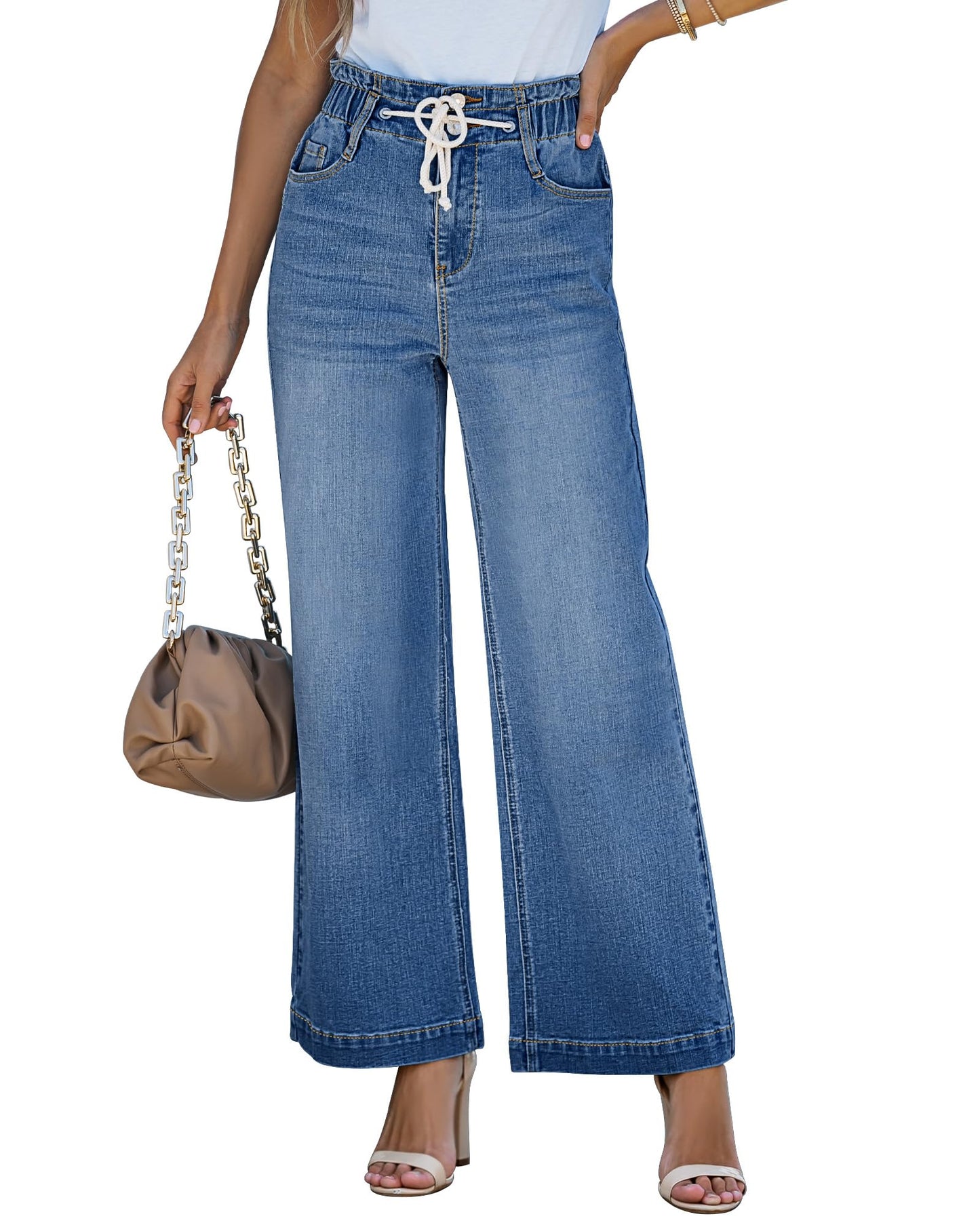 LookbookStore Womens Jeans Wide Leg High Waist Wide Leg Jeans for Women High Rise Stretch Jeans for Women Paper Bag Jeans Classic Blue Size Small Fits US Size 4 - Size 6