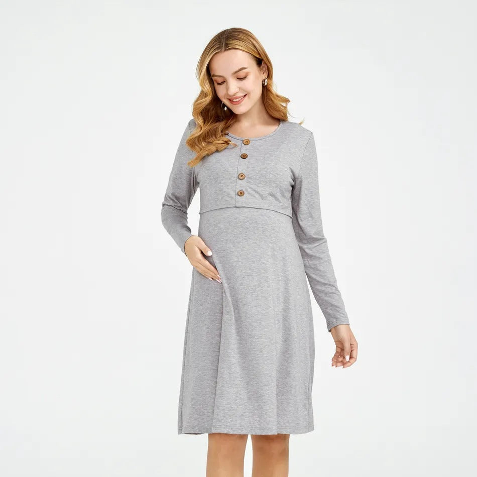 Maternity Crew Neck Button Down Nursing Pullover Dress