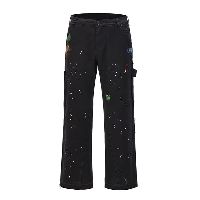 Khaki Black Splash Ink Wide Leg Cargo Jeans for Men