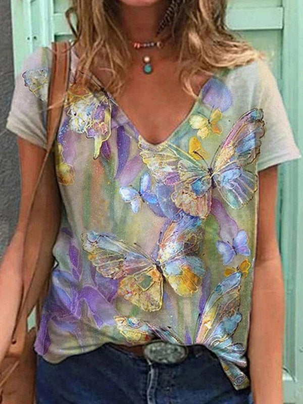 Fashion Women's 3D Digital Print V-Neck Summer Tee