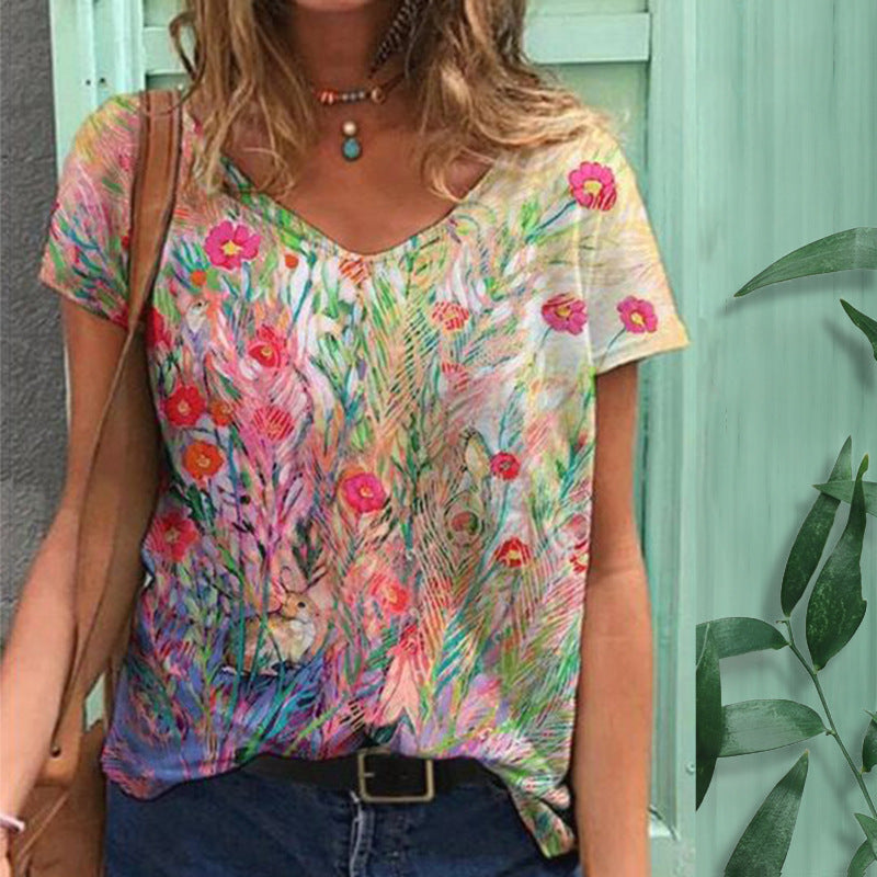 Fashion Women's 3D Digital Print V-Neck Summer Tee