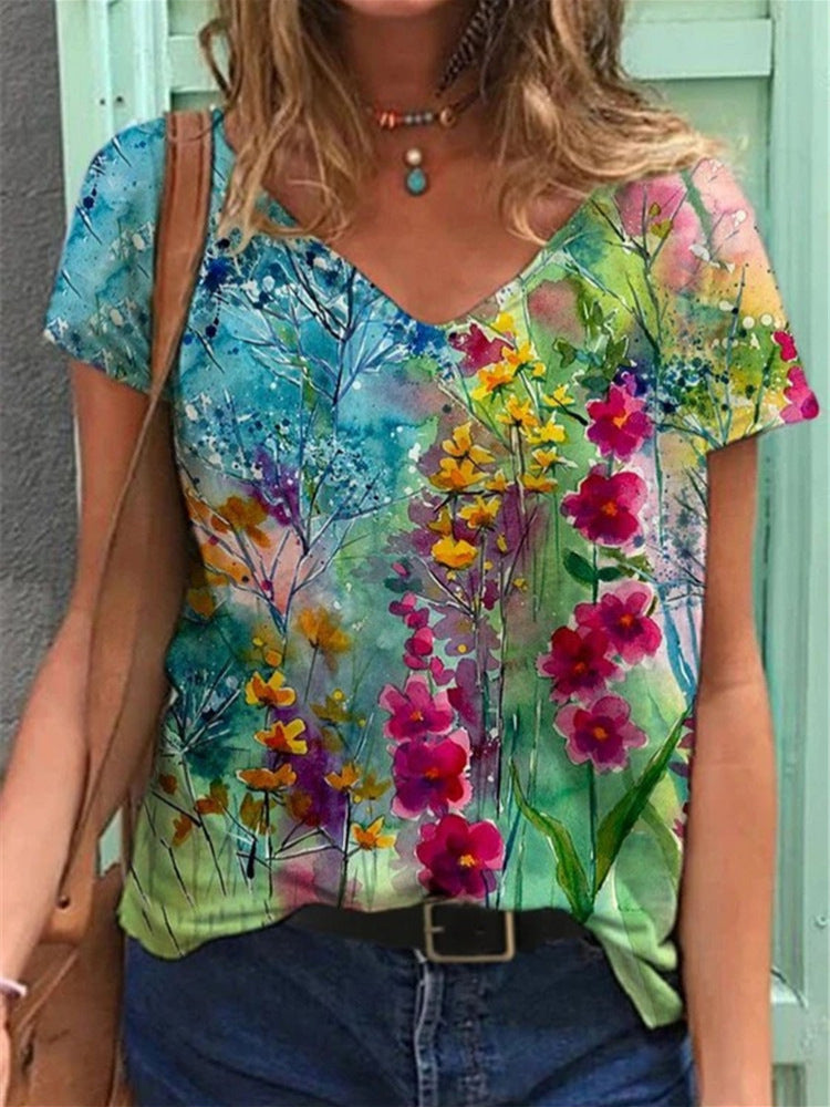 Fashion Women's 3D Digital Print V-Neck Summer Tee