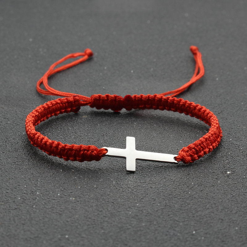 Adjustable Red Rope Bracelet with Stainless Steel Cross