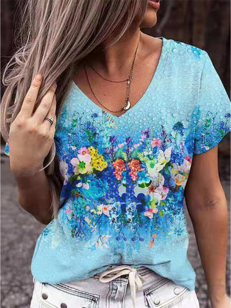 Fashion Women's 3D Digital Print V-Neck Summer Tee