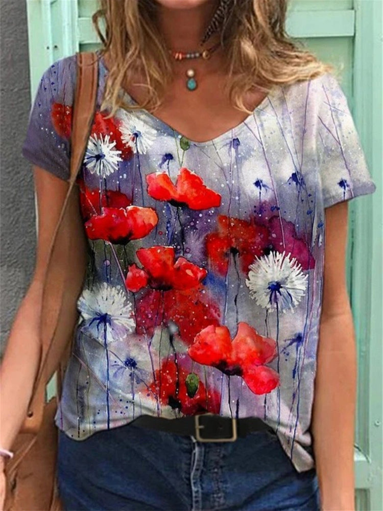 Fashion Women's 3D Digital Print V-Neck Summer Tee