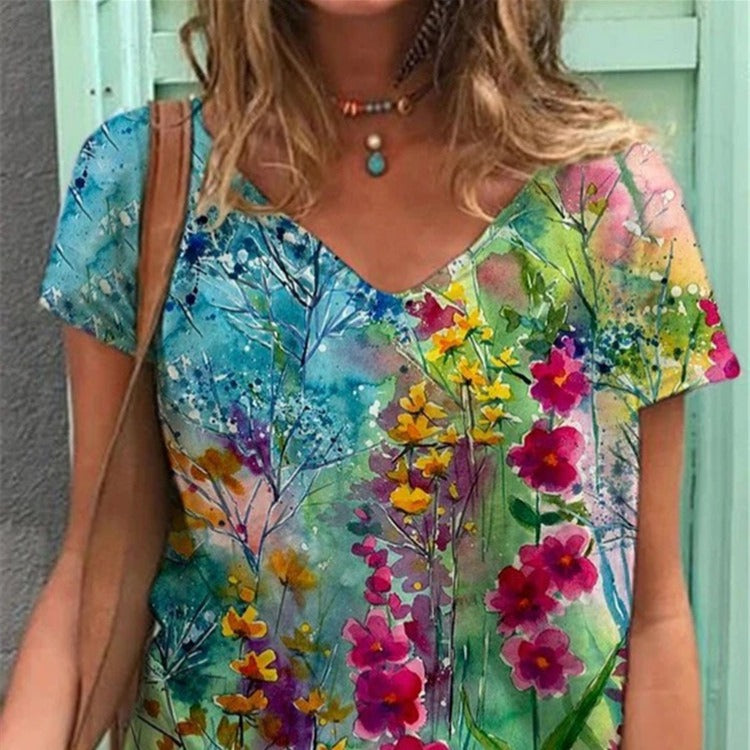 Fashion Women's 3D Digital Print V-Neck Summer Tee