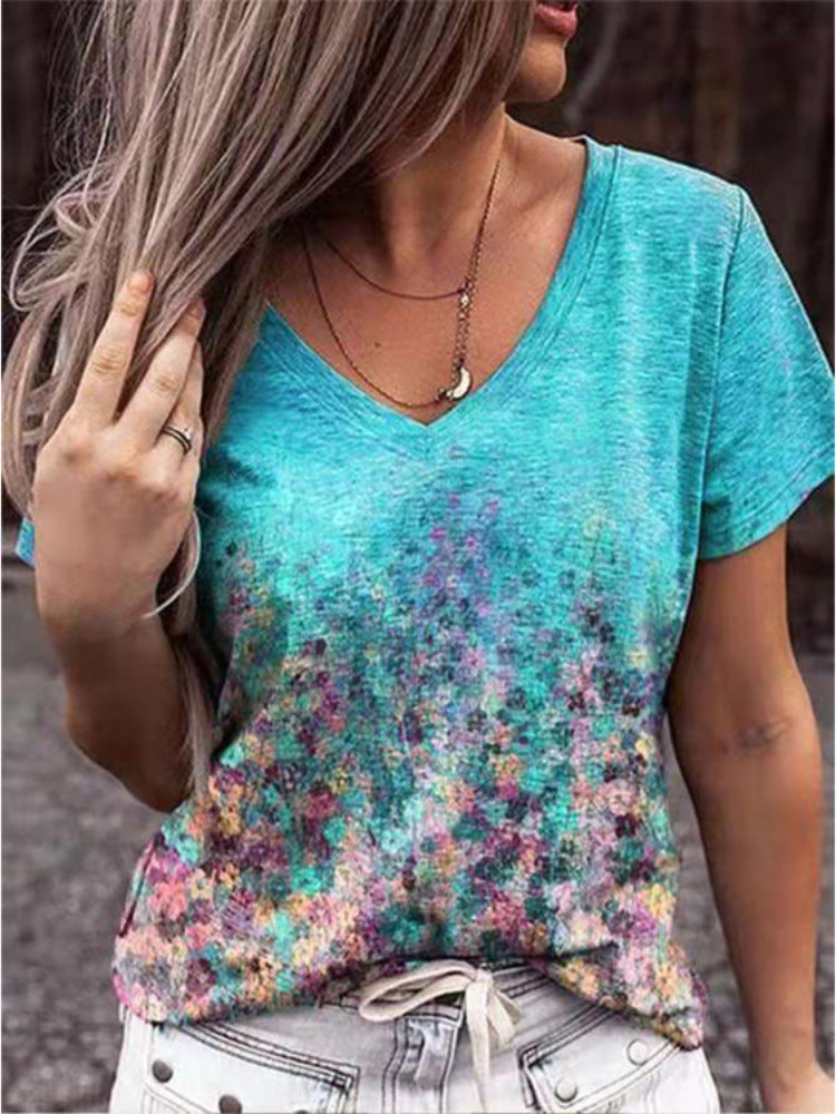 Fashion Women's 3D Digital Print V-Neck Summer Tee