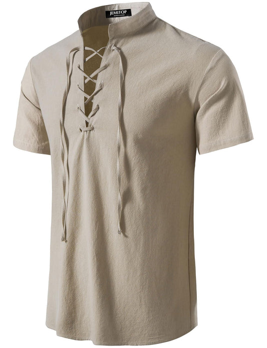 JEMITOP Mens Retro Renaissance Costume Short Sleeve Lace Up Shirts for Pirate Viking Medieval Vampire Halloween Cosplay Clothing Solid Khaki XXL