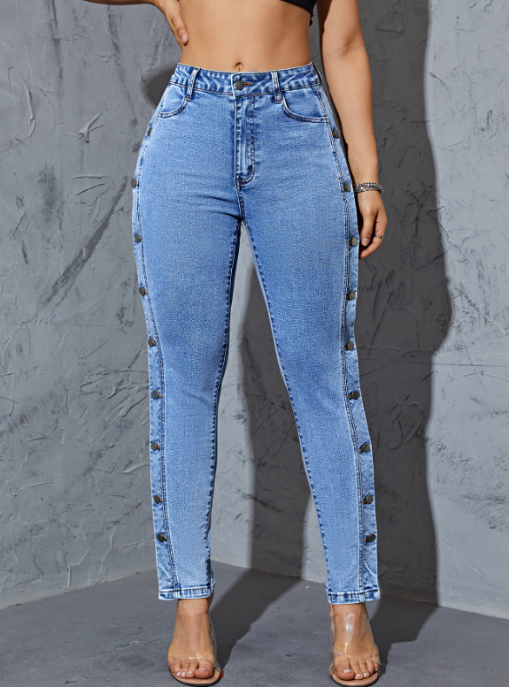 High Waist Blue Denim Pants with Split Straight Legs