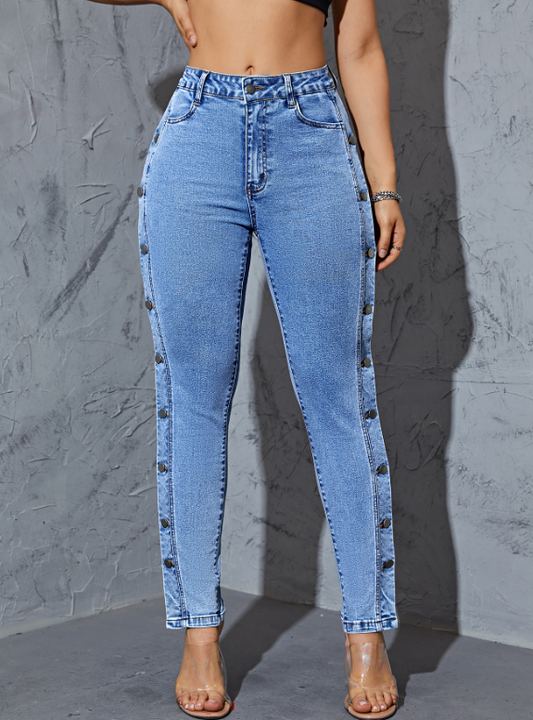 High Waist Blue Denim Pants with Split Straight Legs