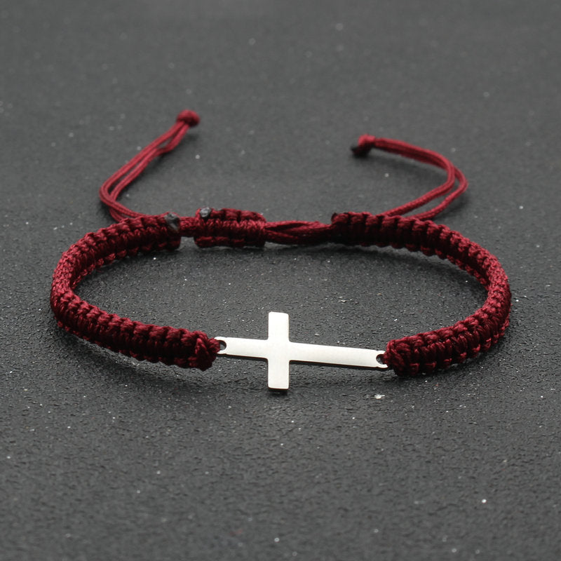 Adjustable Red Rope Bracelet with Stainless Steel Cross