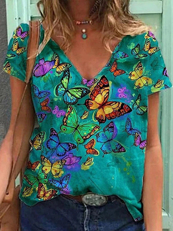 Fashion Women's 3D Digital Print V-Neck Summer Tee
