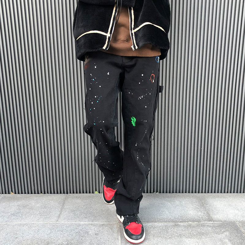 Khaki Black Splash Ink Wide Leg Cargo Jeans for Men