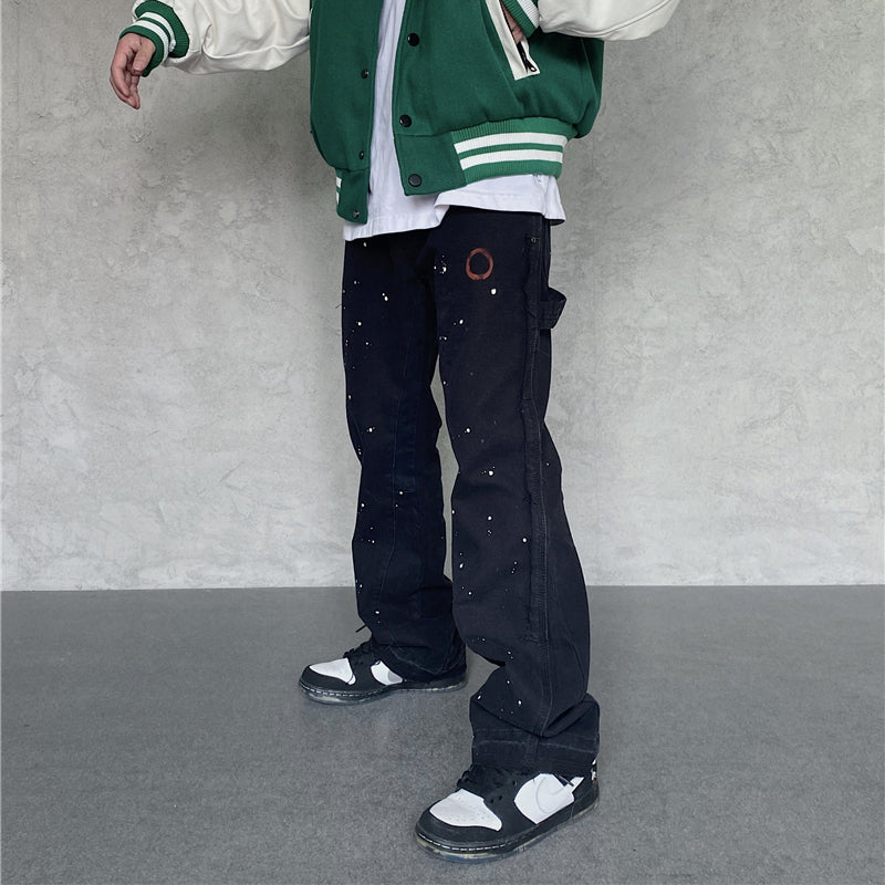 Khaki Black Splash Ink Wide Leg Cargo Jeans for Men