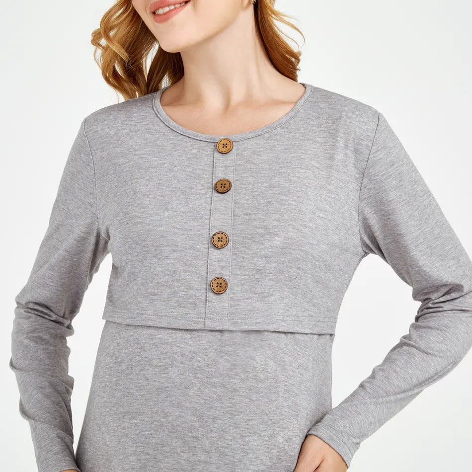 Maternity Crew Neck Button Down Nursing Pullover Dress