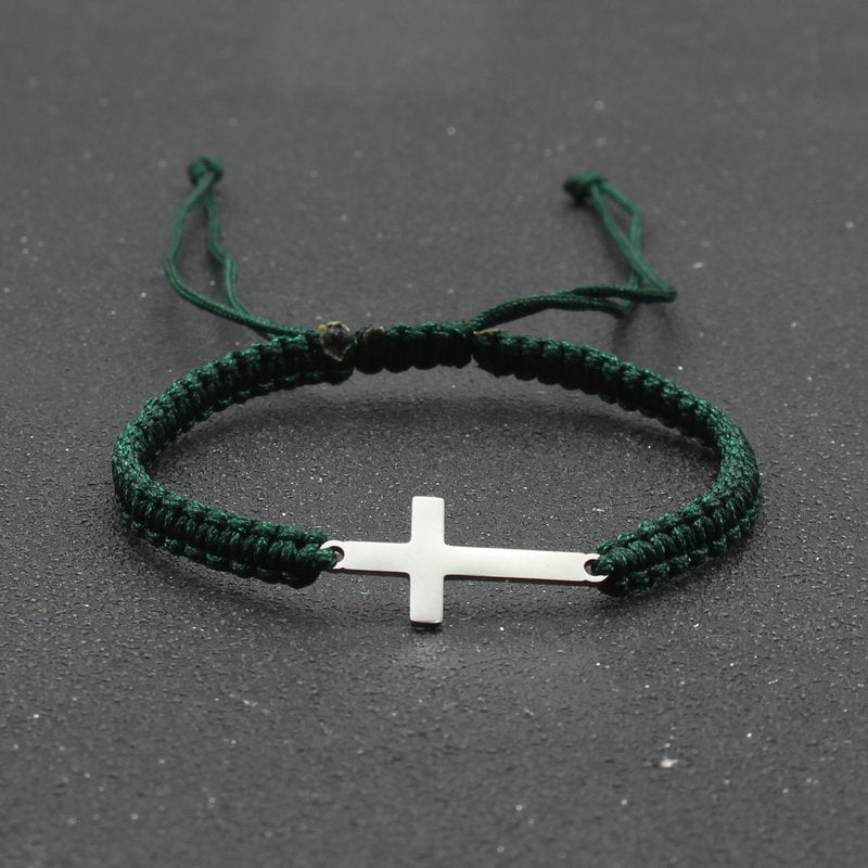 Adjustable Red Rope Bracelet with Stainless Steel Cross