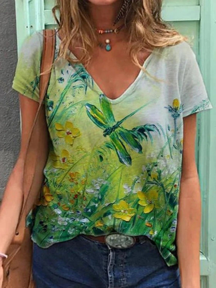 Fashion Women's 3D Digital Print V-Neck Summer Tee