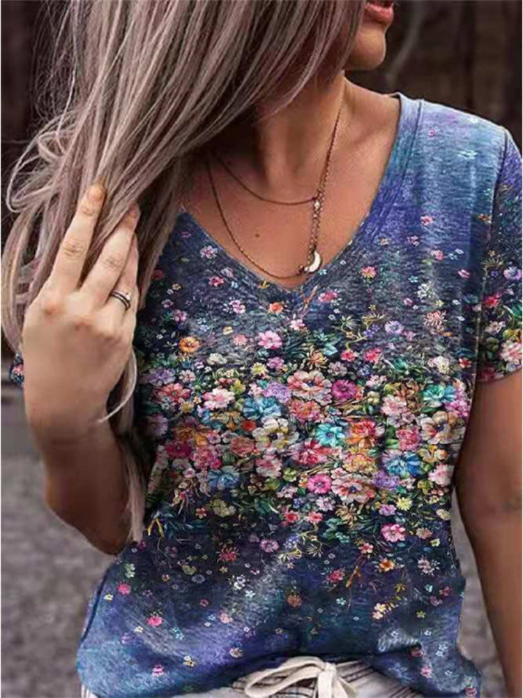 Fashion Women's 3D Digital Print V-Neck Summer Tee