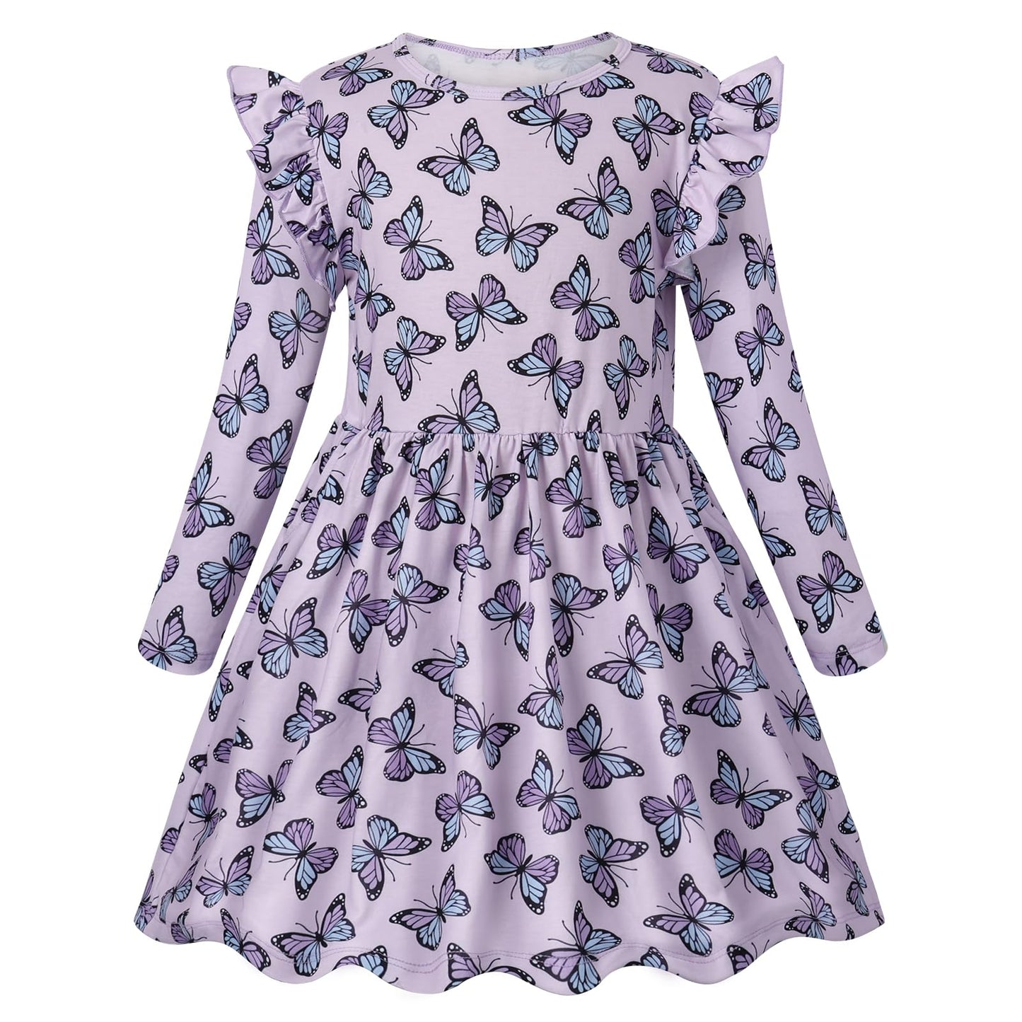Girls Dress Soft Twirly Stretchy Casual Dress with Pockets Ruffle Long Sleeve for Toddler/Little/Big Kid Girls Clothing Lavender Butterfly 8T