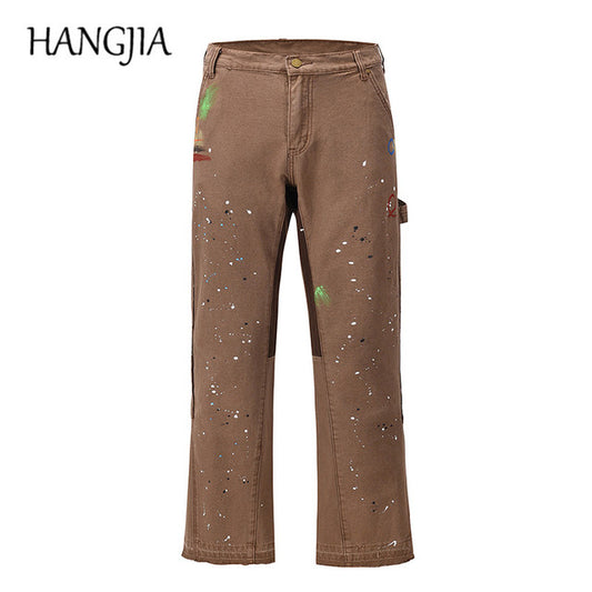 Khaki Black Splash Ink Wide Leg Cargo Jeans for Men