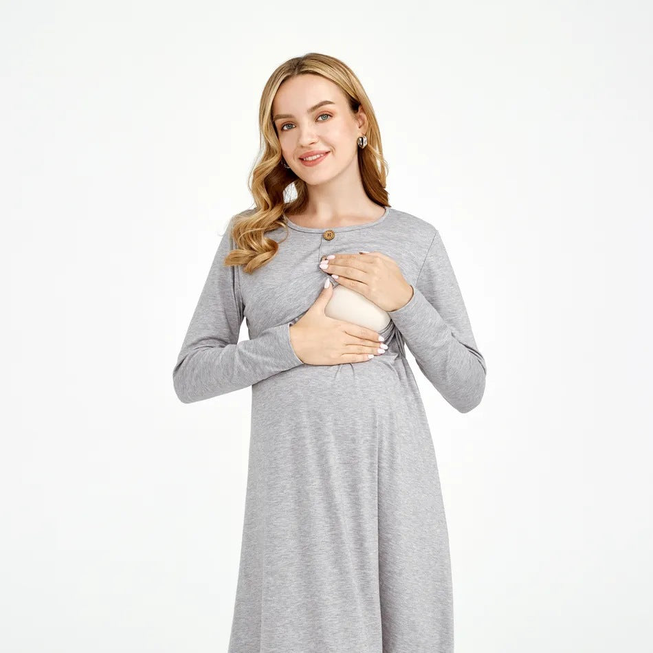 Maternity Crew Neck Button Down Nursing Pullover Dress