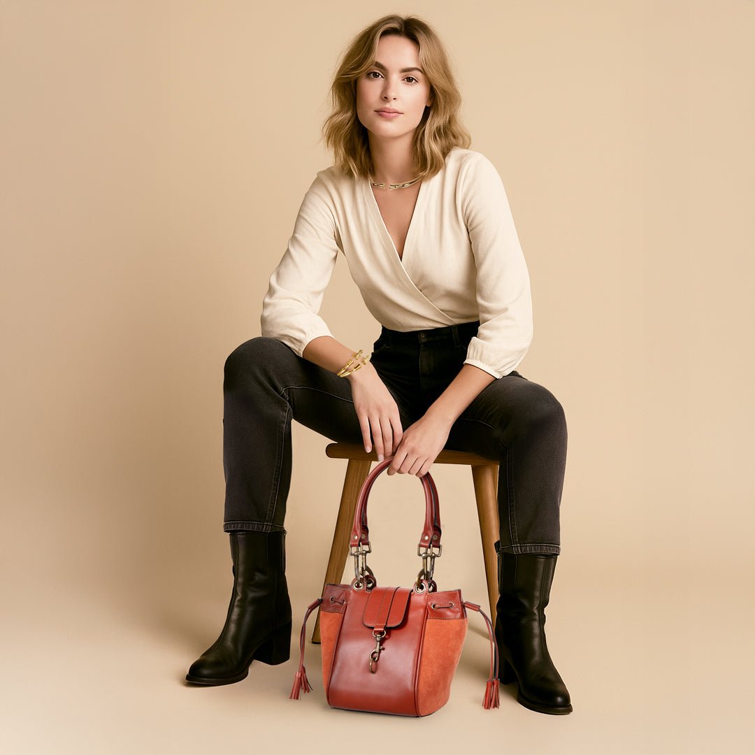 Cassidy - Luxury Leather Bucket Handbag in Cognac