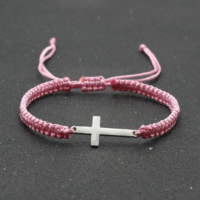Adjustable Red Rope Bracelet with Stainless Steel Cross