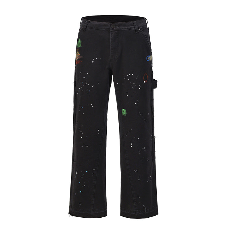 Khaki Black Splash Ink Wide Leg Cargo Jeans for Men