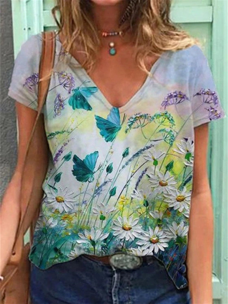 Fashion Women's 3D Digital Print V-Neck Summer Tee