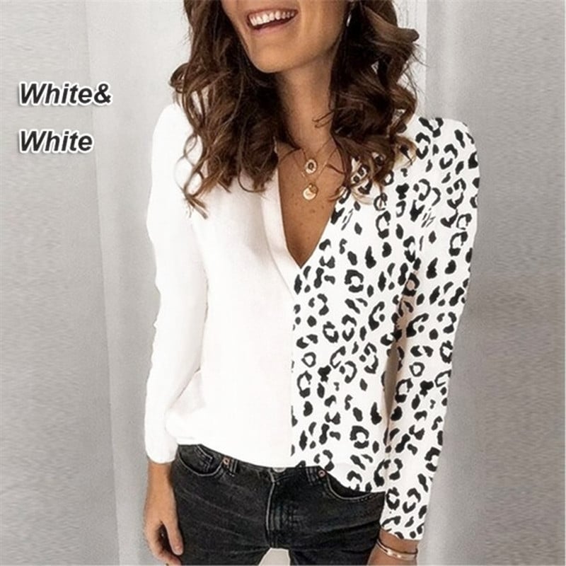 Leopard Print V-Neck Long Sleeve T-Shirt with Chiffon