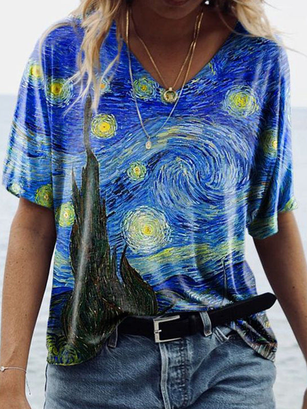 Fashion Women's 3D Digital Print V-Neck Summer Tee