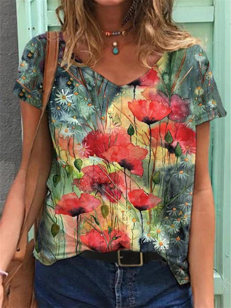 Fashion Women's 3D Digital Print V-Neck Summer Tee
